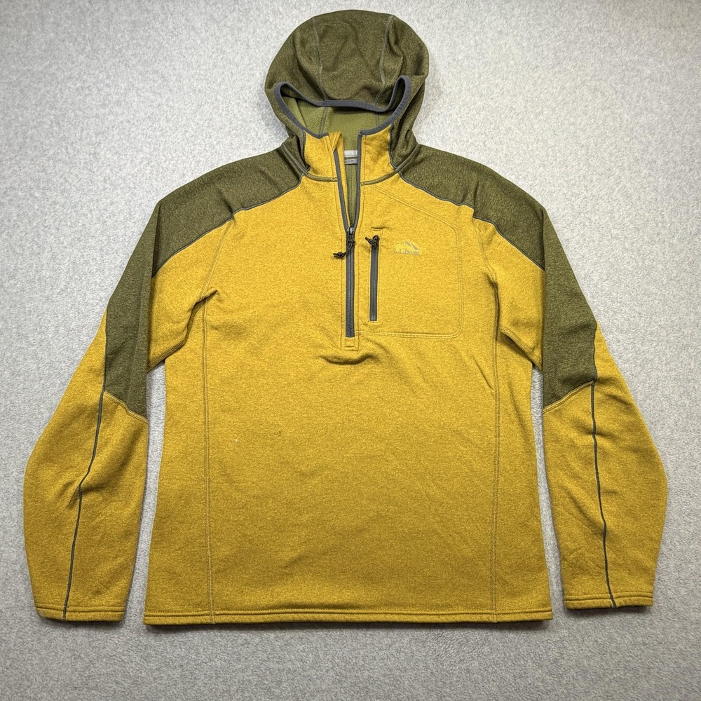 LL Bean Mountain Hoodie Men Medium Yellow 1/4 Zip Fleece Slim Fit Hiking Outdoor